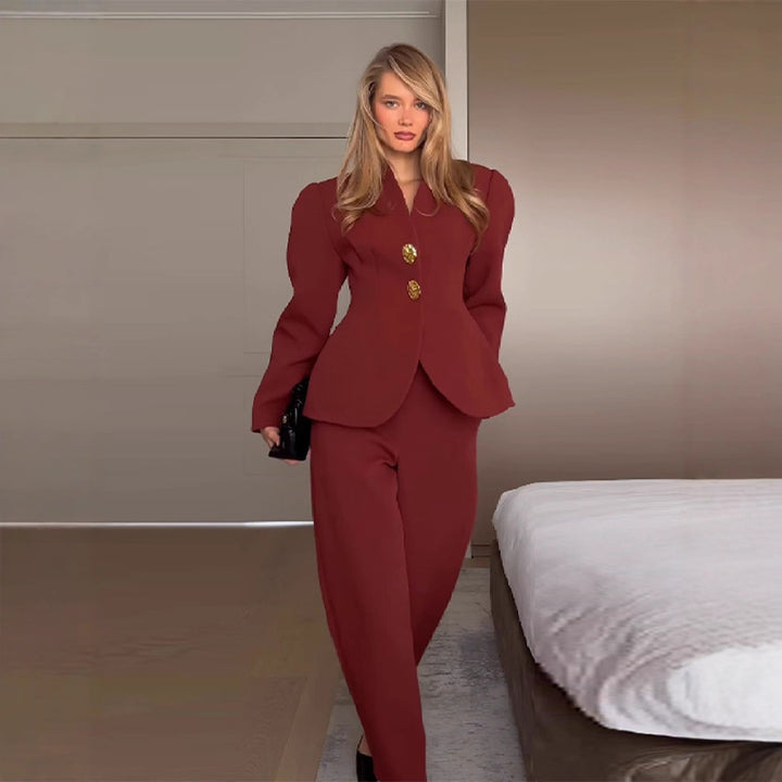 Women Tailored Couture Blazer Set with Sculptural Shoulder and Cropped Marlene Pants Amarae