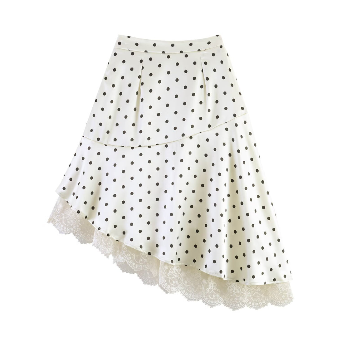 Women's Asymmetric Tiered Skirt with Ruffles, Dots, and Lace Trim Amarae
