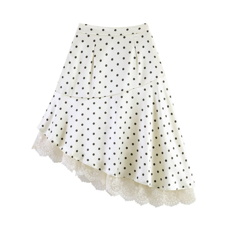 Women's Asymmetric Tiered Skirt with Ruffles, Dots, and Lace Trim Amarae
