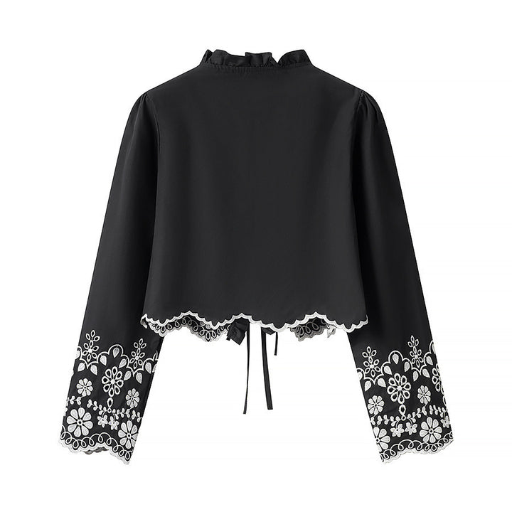 Women's short embroidered bolero jacket with ruffle collar and ties Amarae