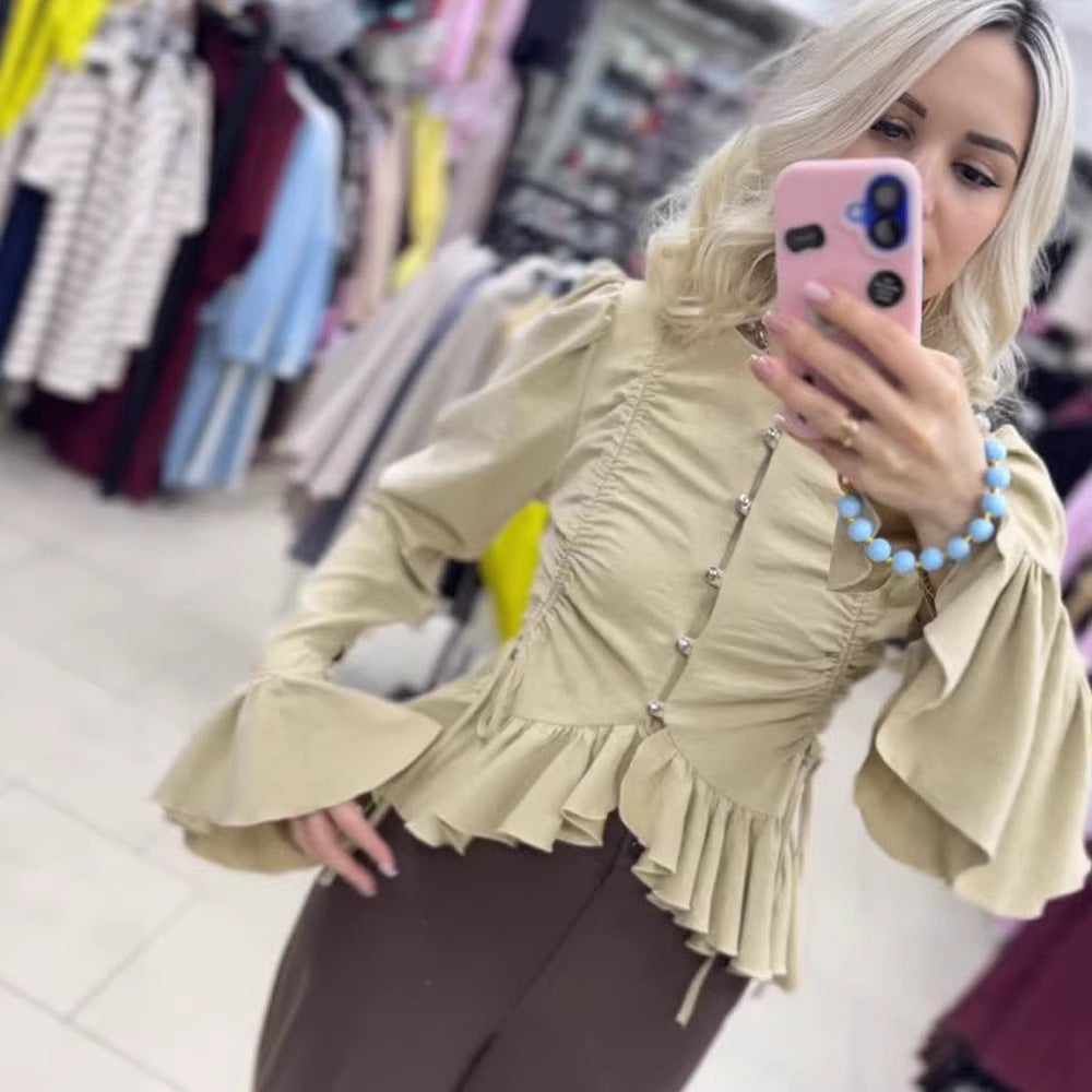 Women's Ruffled Fitted Blouse with Peplum & Puff Sleeves Amarae