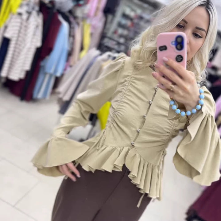 Women's Ruffled Fitted Blouse with Peplum & Puff Sleeves Amarae