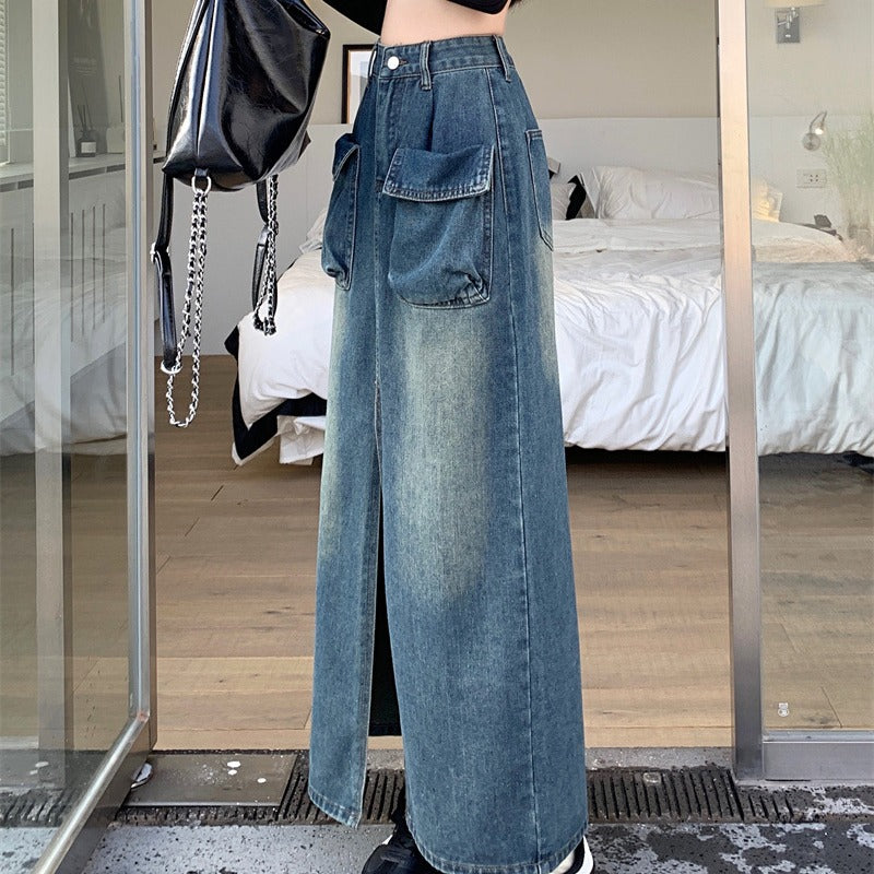 Jupe en denim longue pour femmes avec poches plaquées pratiques Chic & Stil