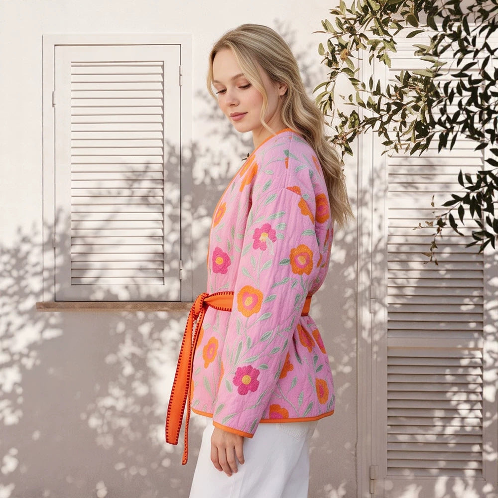 Women's Quilted Floral Kimono with Tie Belt Amarae