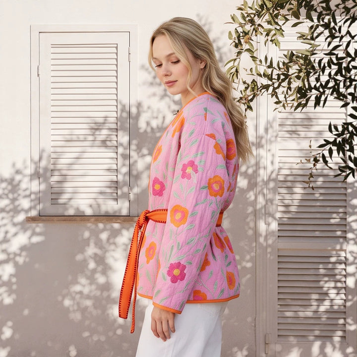 Women's Quilted Floral Kimono with Tie Belt Amarae