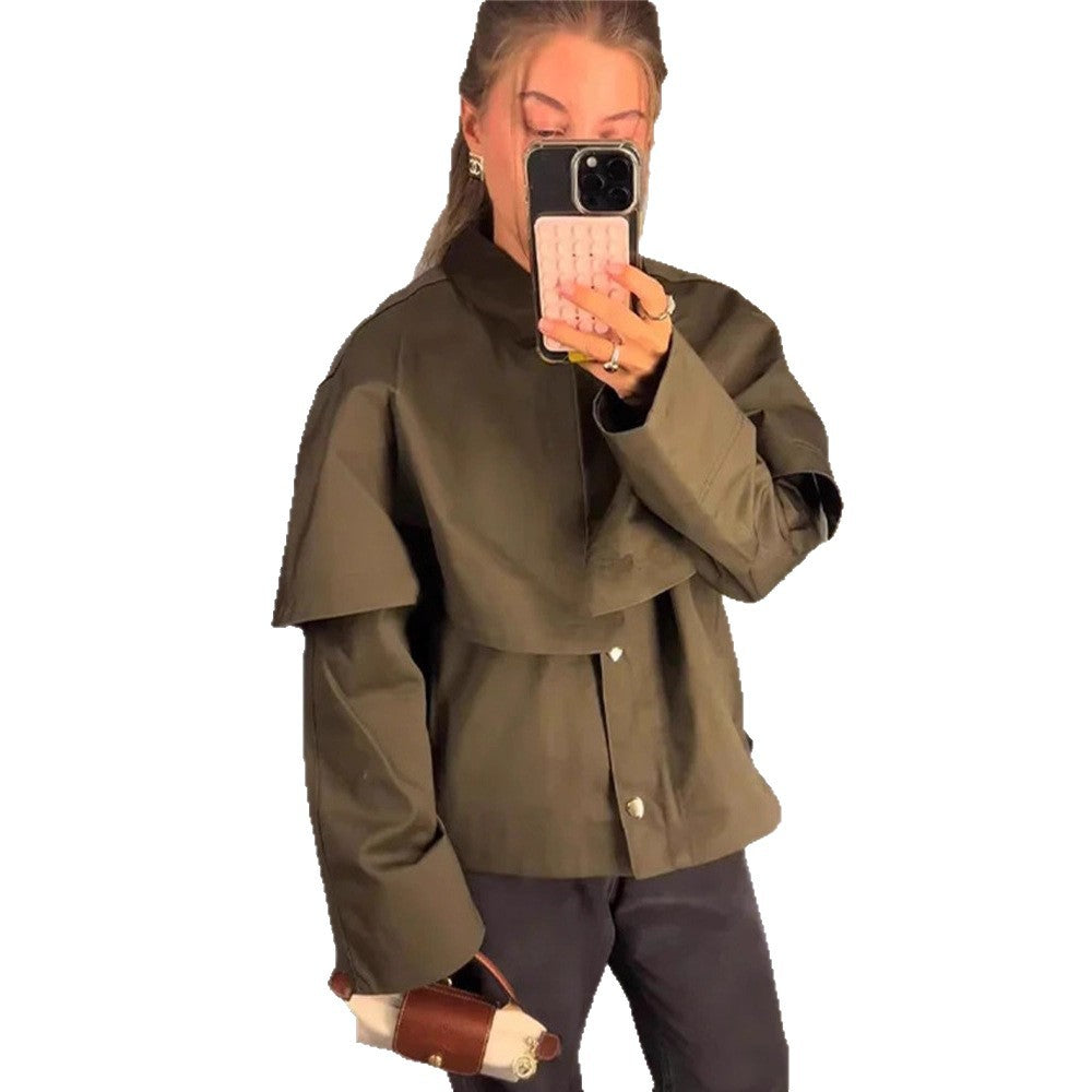 Women's Short Trench Coat with Cape Overlay and Oversized Sleeves Amarae