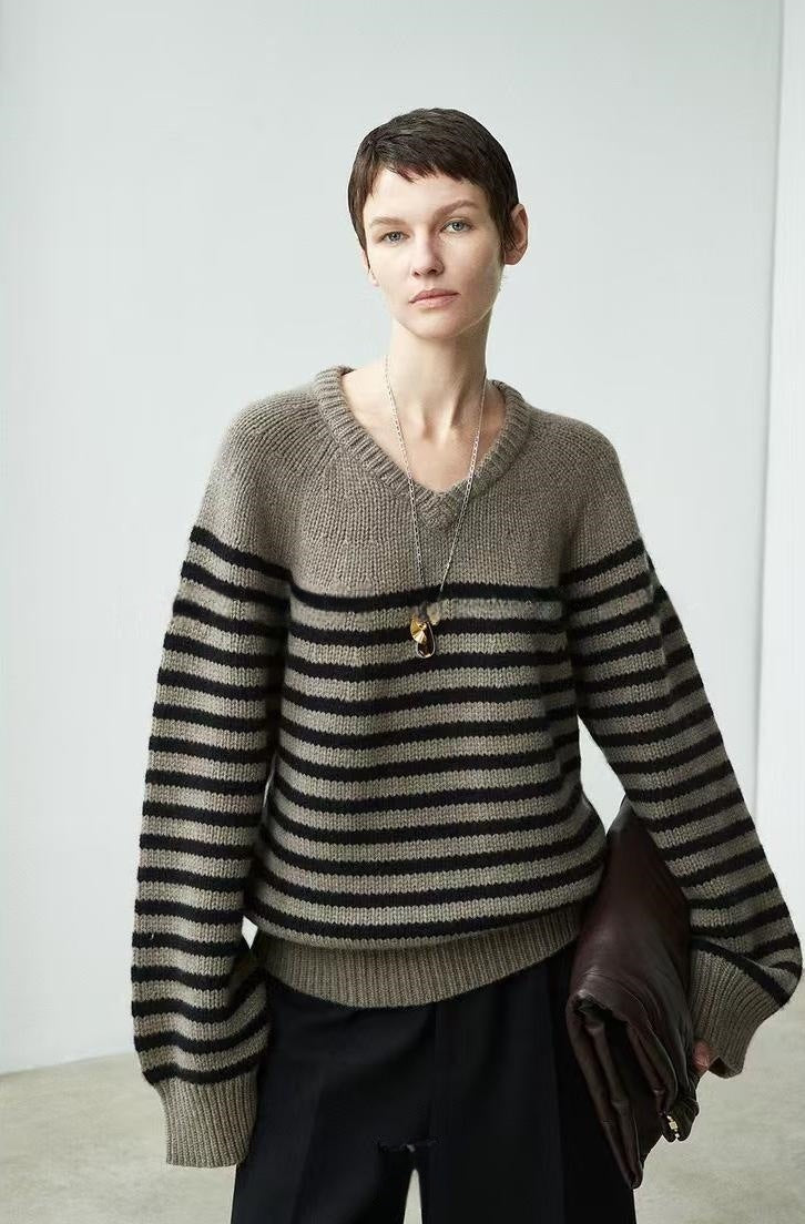 Pull décontracté à col en V pour femme avec rayures