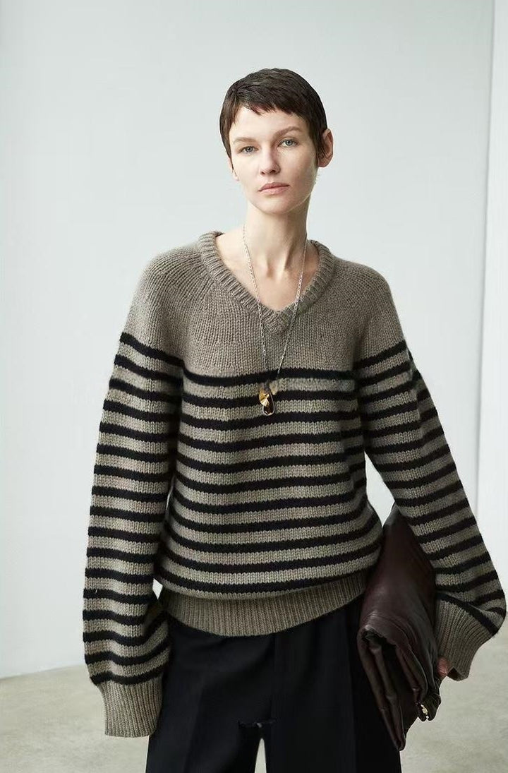 Pull décontracté à col en V pour femme avec rayures