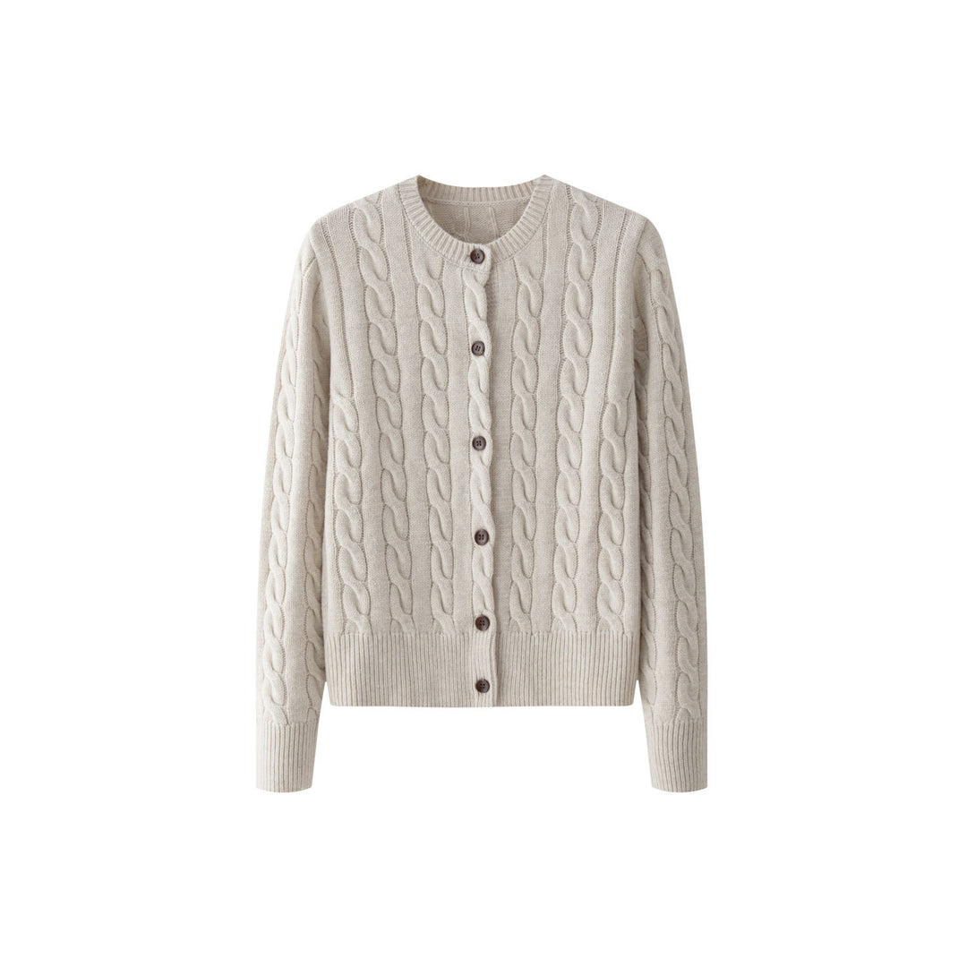 Ladies Cozy Cable Knit Cardigan with V-Neck and Wooden Buttons Amarae