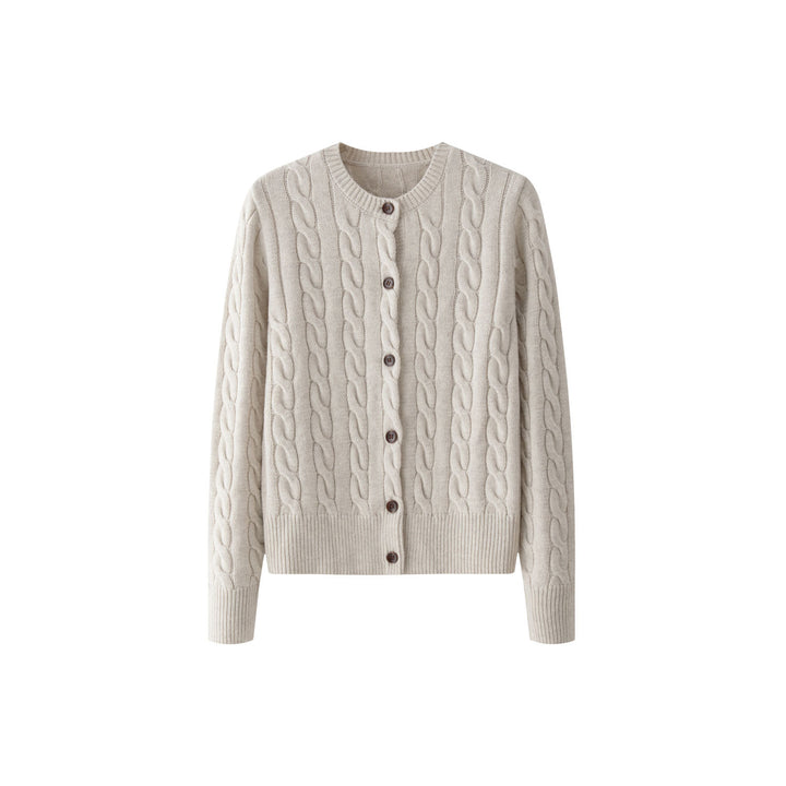 Ladies Cozy Cable Knit Cardigan with V-Neck and Wooden Buttons Amarae
