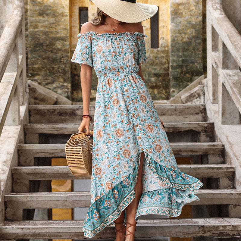 Off-shoulder floral maxi dress for women with ruffled hem Lune London