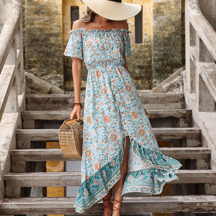 Off-shoulder floral maxi dress for women with ruffled hem Lune London