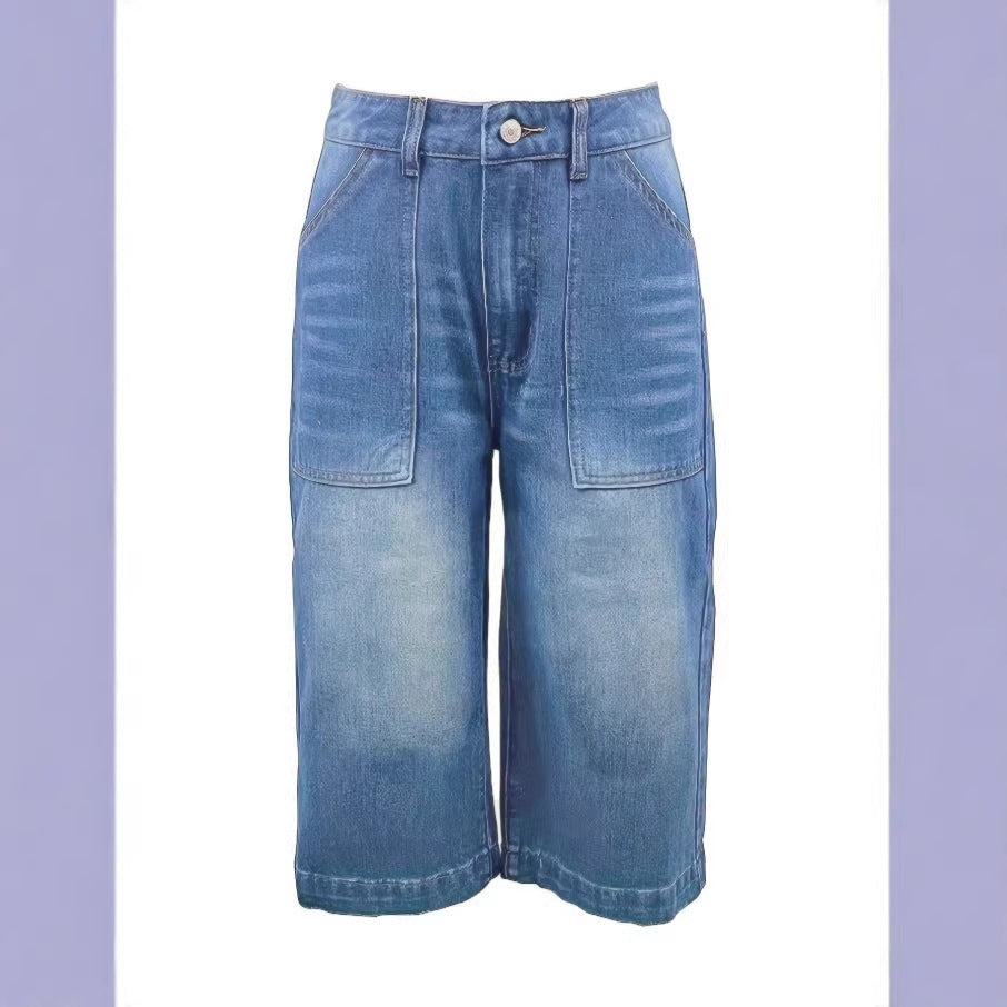 Ladies light vintage-inspired culotte jeans with visible seam panels and patch front pockets Amarae
