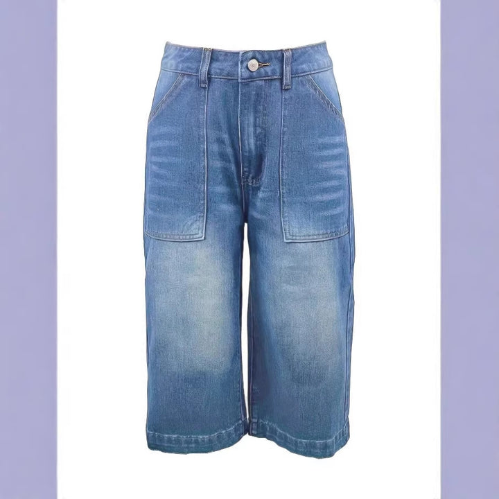 Ladies light vintage-inspired culotte jeans with visible seam panels and patch front pockets Amarae