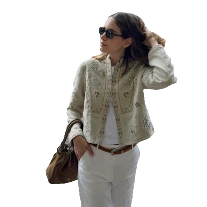 Women's short jacket made of linen blend with elaborate embroidery, stand collar, and tailored silhouette Amarae