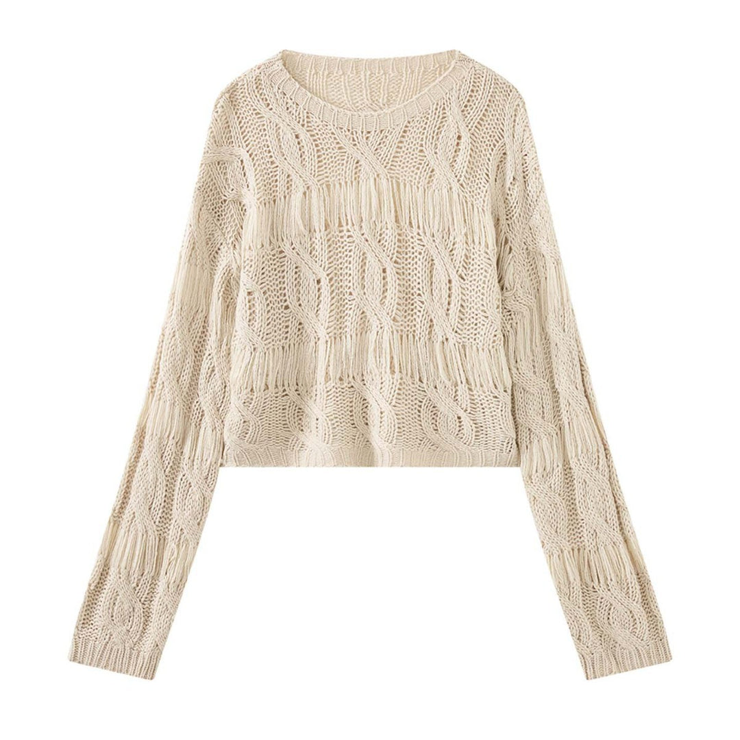 Women’s short oversized knitted sweater with openwork pattern and fringes
