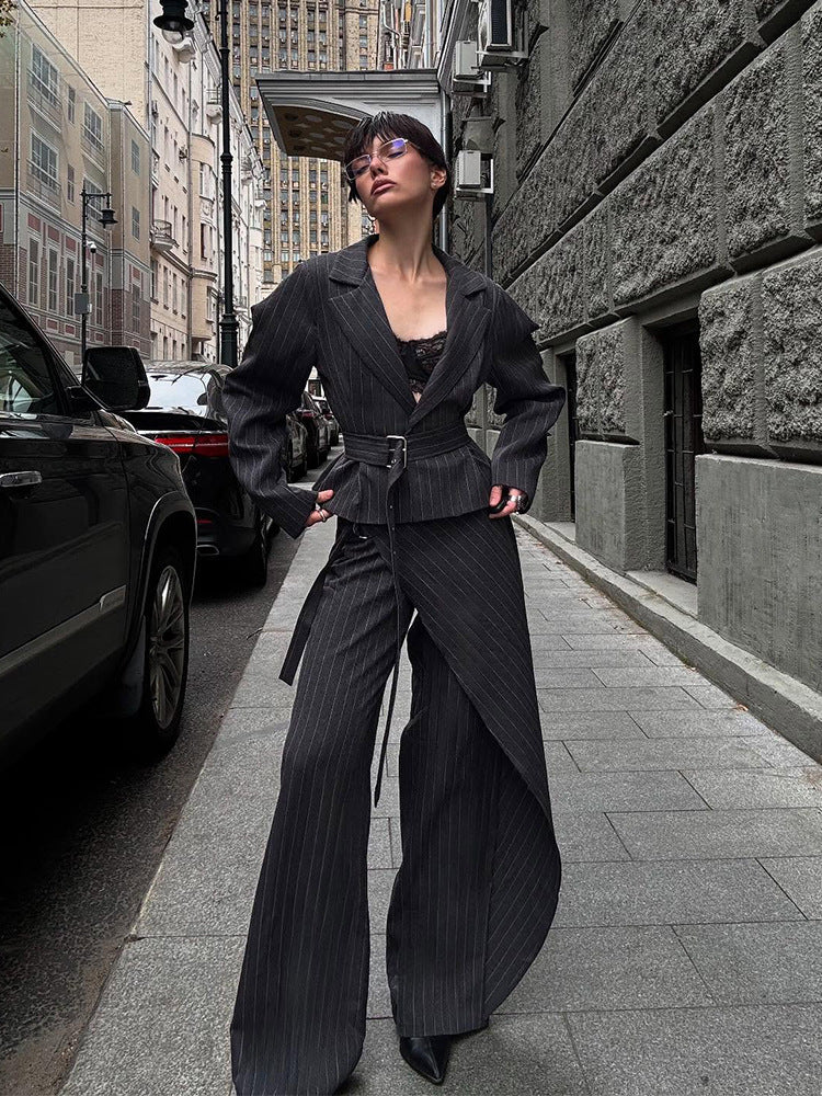 Women's Tailored Pinstriped Blazer with Shoulder-Emphasizing Balloon Sleeves and Waist Belt Amarae