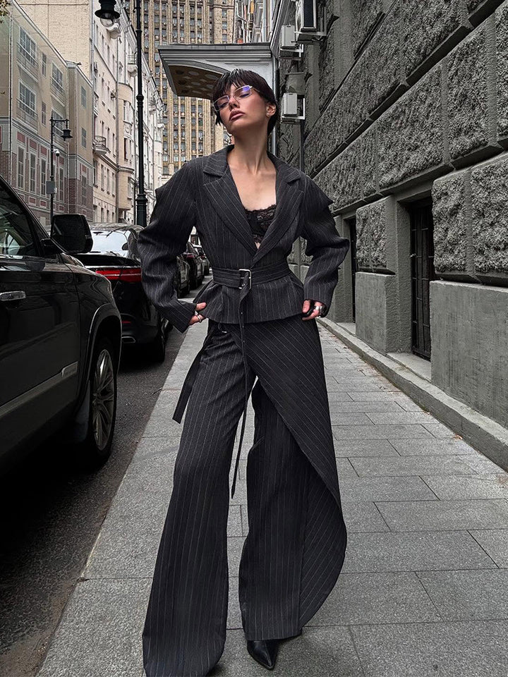 Women's Tailored Pinstriped Blazer with Shoulder-Emphasizing Balloon Sleeves and Waist Belt Amarae