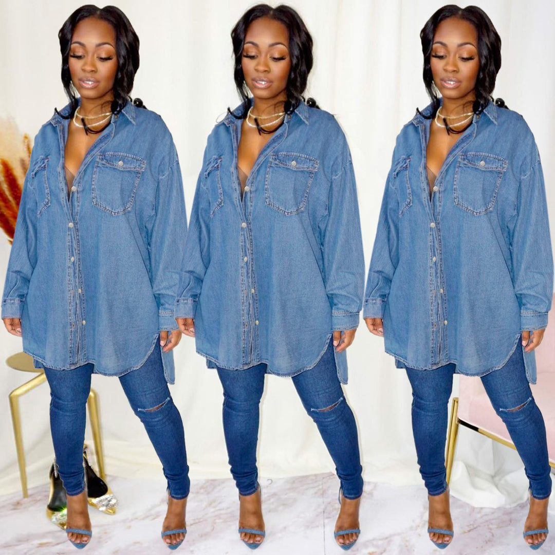 Women's Oversized Denim Shirt Jacket with Flap Pockets and Extended Cut Amarae