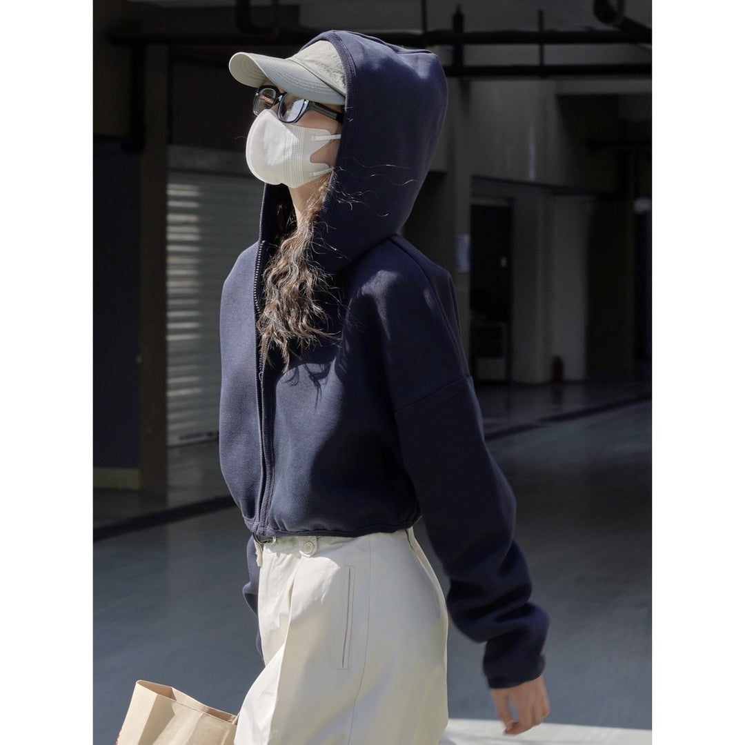 Women short jacket with hood, concealed zipper and elastic hem Amarae