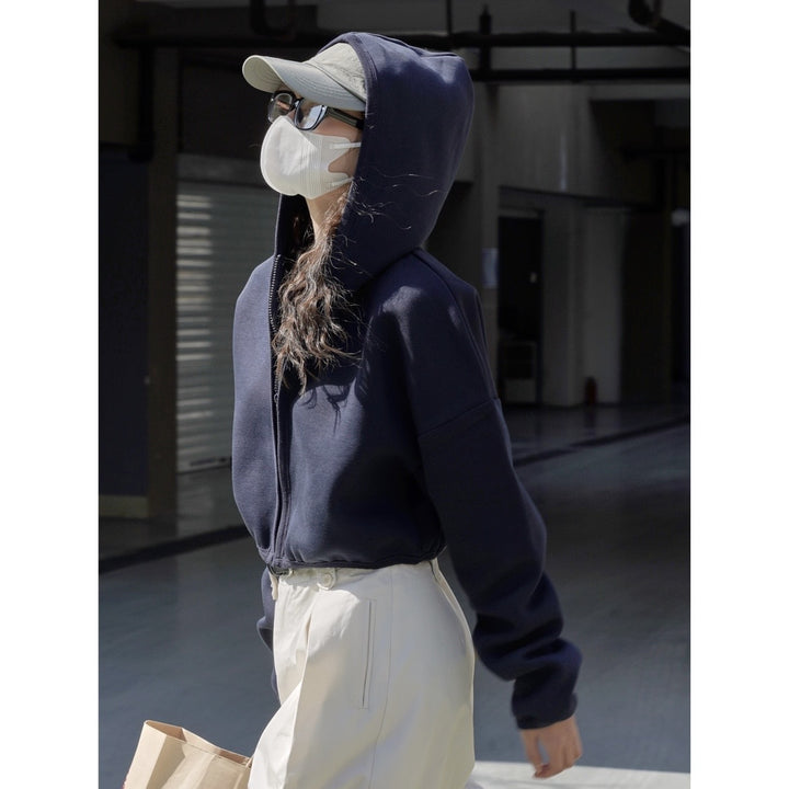 Women short jacket with hood, concealed zipper and elastic hem Amarae
