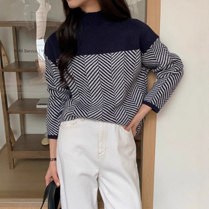 Women chunky knit sweater with high neck and zigzag pattern Lune London