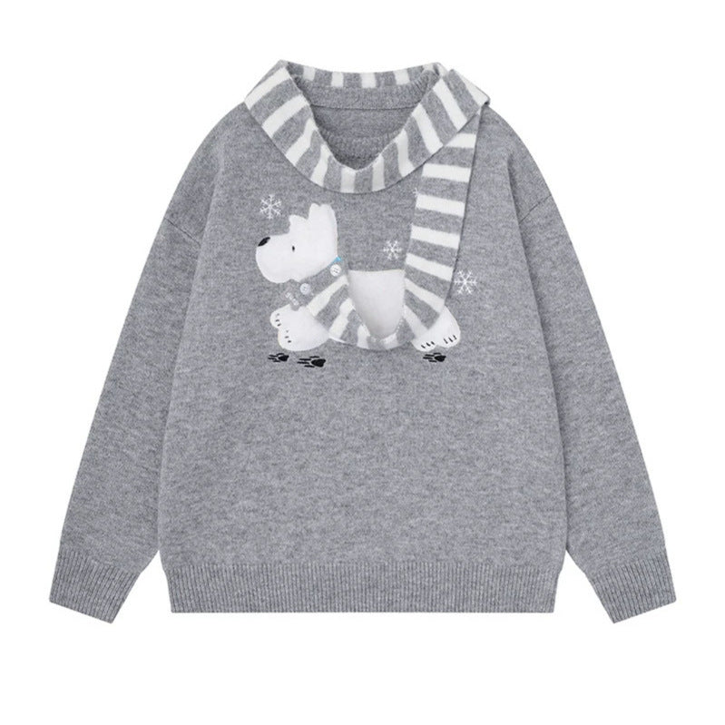 Women's Cozy Knit Sweater with Polar Bear Applique and Integrated Striped Scarf Amarae