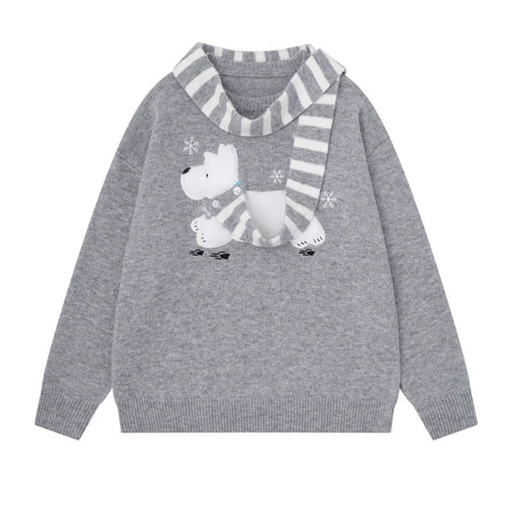 Women's Cozy Knit Sweater with Polar Bear Applique and Integrated Striped Scarf Amarae
