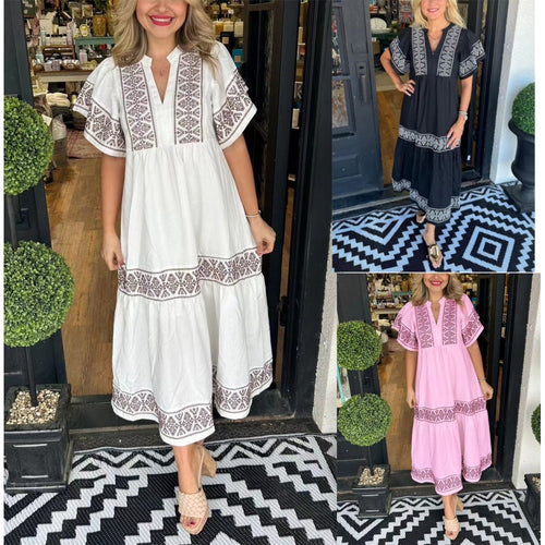 Maxi dress for women with refined embroidery details and a flared cut Amarae