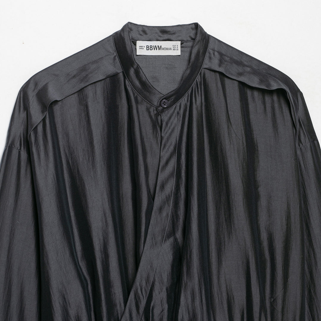 Women's satin blouse with stand-up collar, wrap look and drawstring Amarae