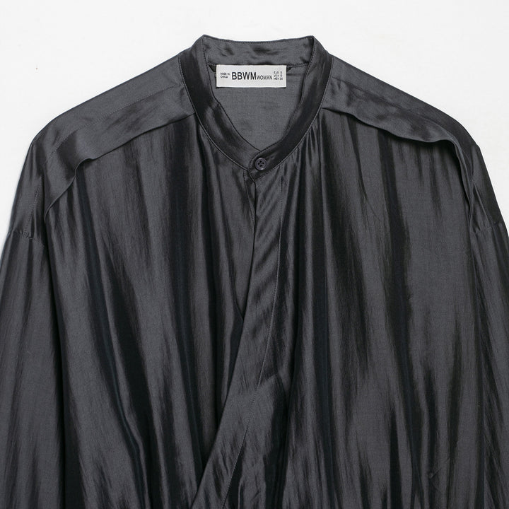 Women's satin blouse with stand-up collar, wrap look and drawstring Amarae