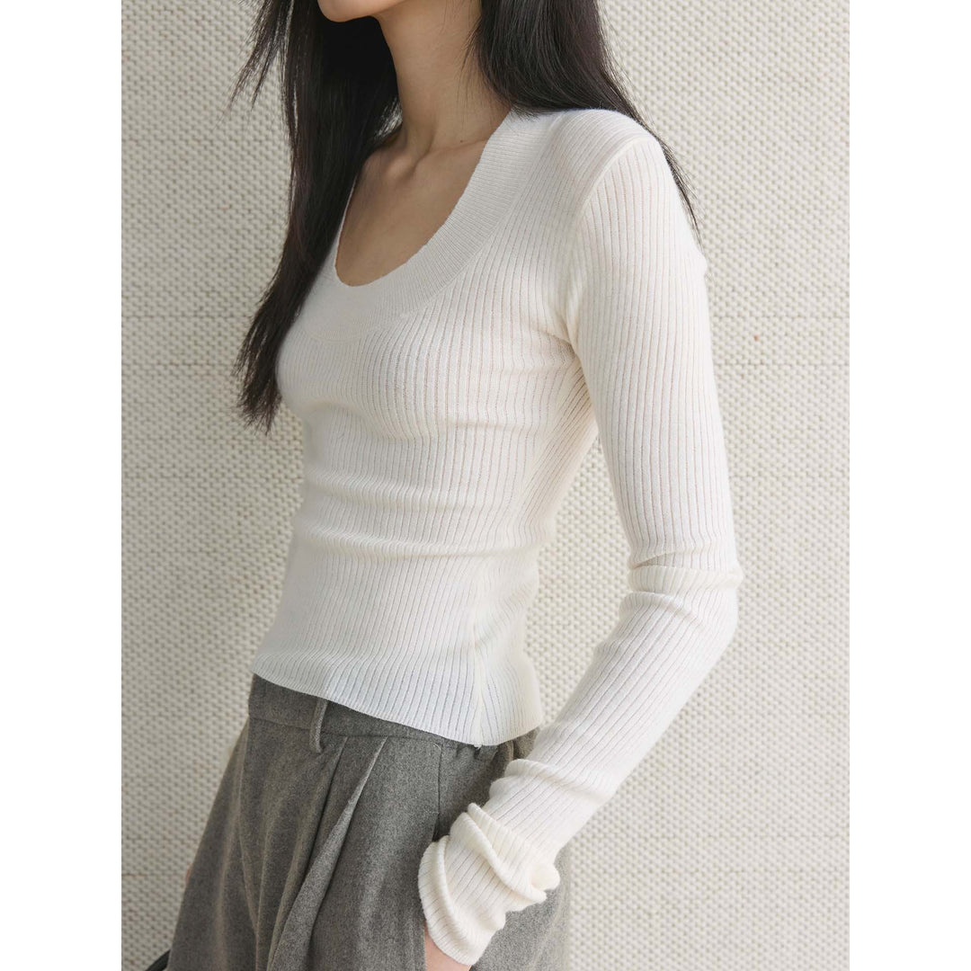 Women Slim-Fit Ribbed Long Sleeve with Wide U-Neck