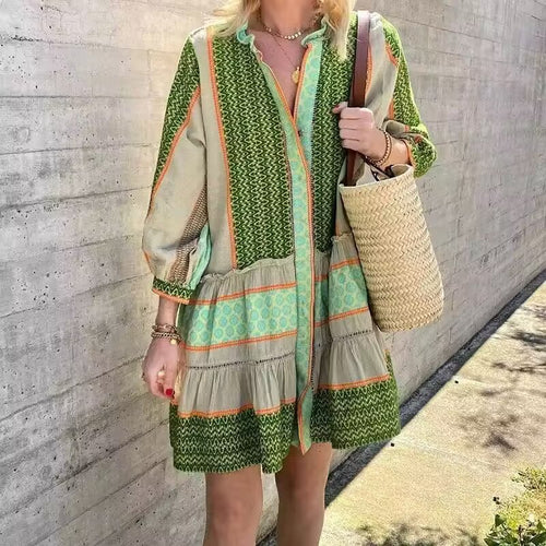 Long Sleeve Shirt Dress for Women with an Elegant Pattern and Ruffled Hem Amarae