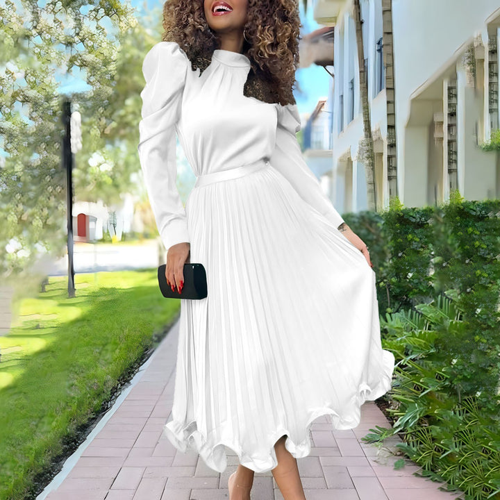 Ladies Elegant Midi Dress with High Collar and Chic Pleated Design