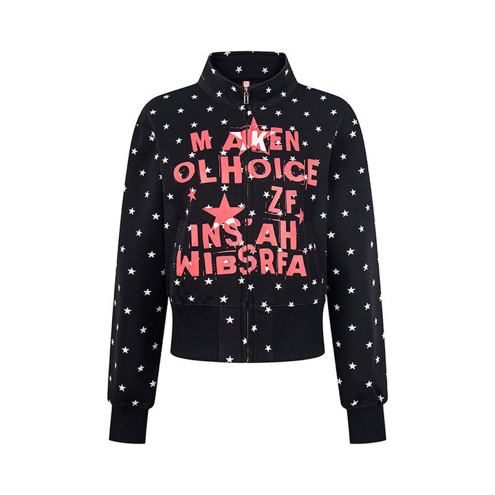 Women's Short Zipper Sweat Jacket with Stand-Up Collar, Allover Star Print and Statement Front Print Amarae