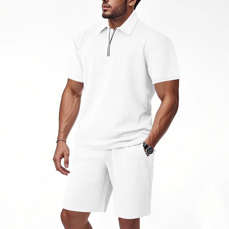 Men's modern short sleeve polo with contemporary design and chic elastic shorts