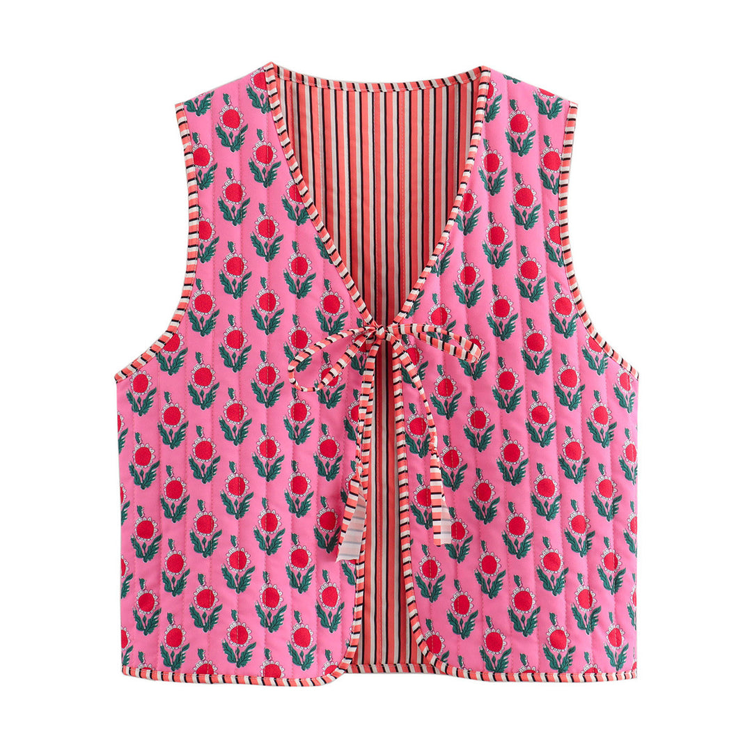 Women Patchwork Vest with V-Neck, Tie Band and Striped Lining Amarae