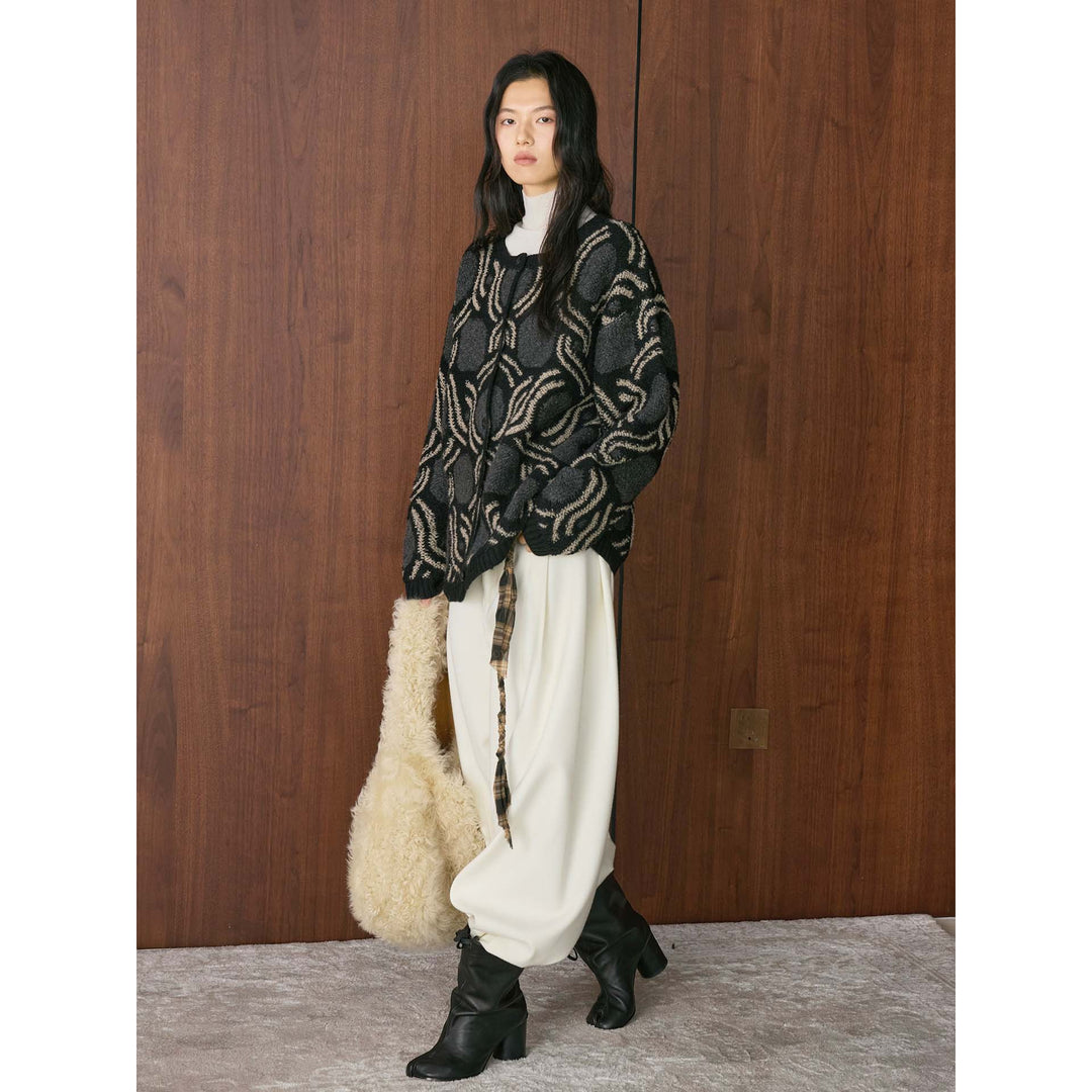 Women's Patterned Boucle Cardigan with Button Placket and Boxy Oversized Silhouette Amarae