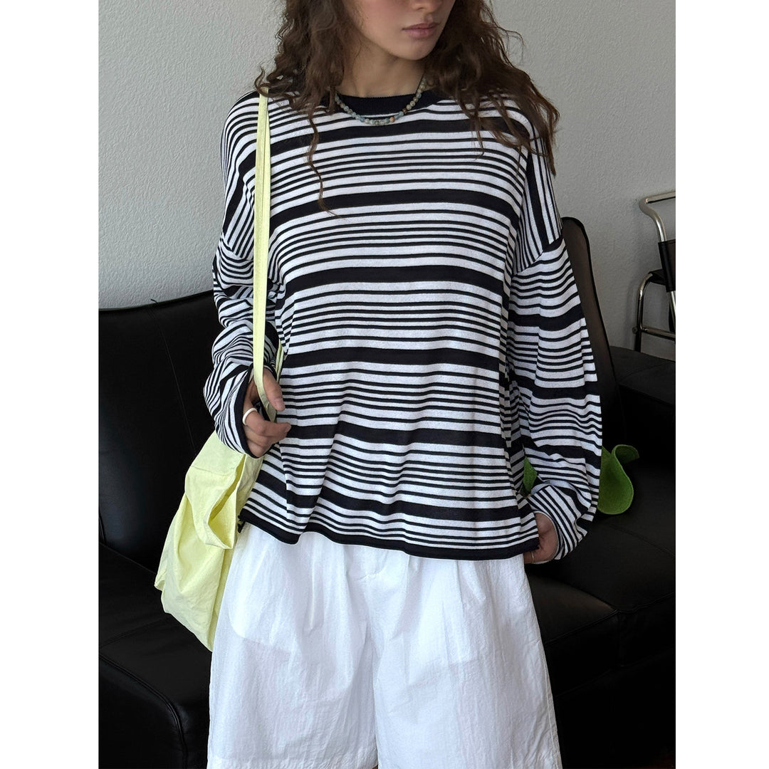 Women Striped Oversize Fine Knit Long Sleeve with Wide Round Neckline Amarae