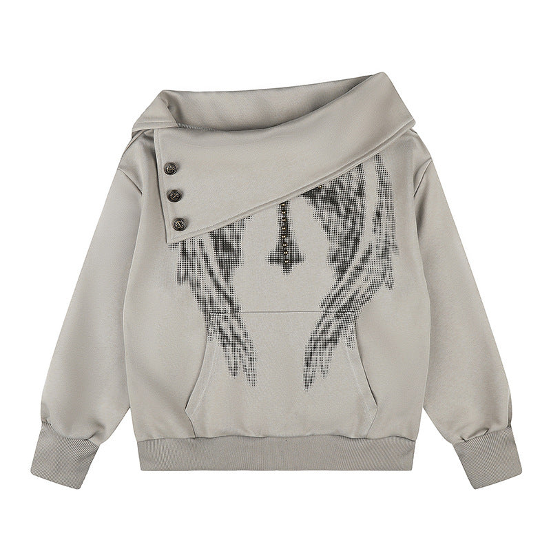 Women Asymmetric Sweatshirt with Wide Collar, Decorative Button Placket and Bead Application Amarae
