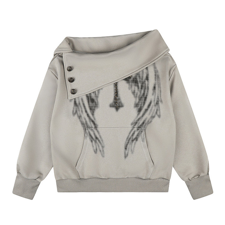 Women Asymmetric Sweatshirt with Wide Collar, Decorative Button Placket and Bead Application Amarae