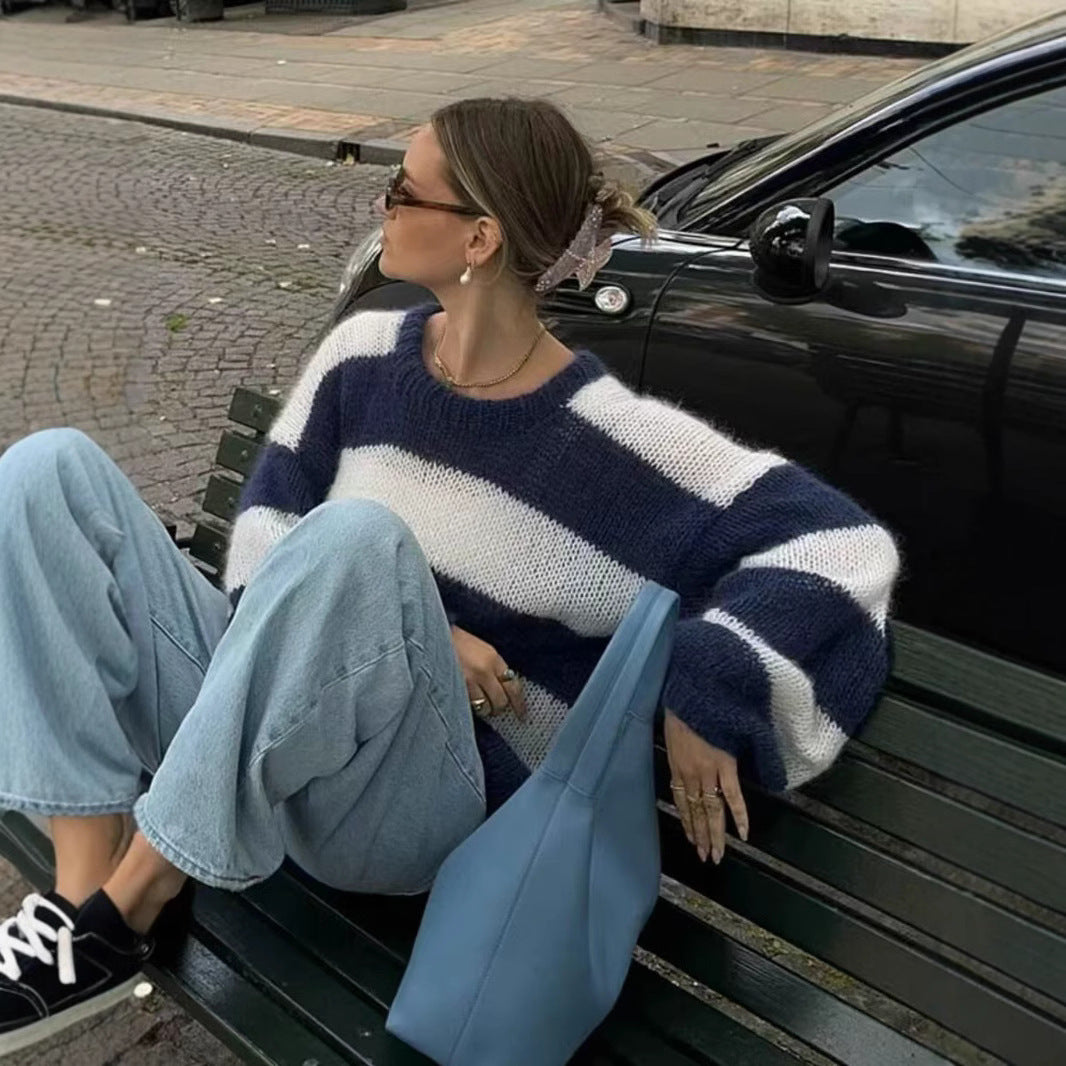 Women Striped Oversize Knit Sweater with Round Neck Amarae