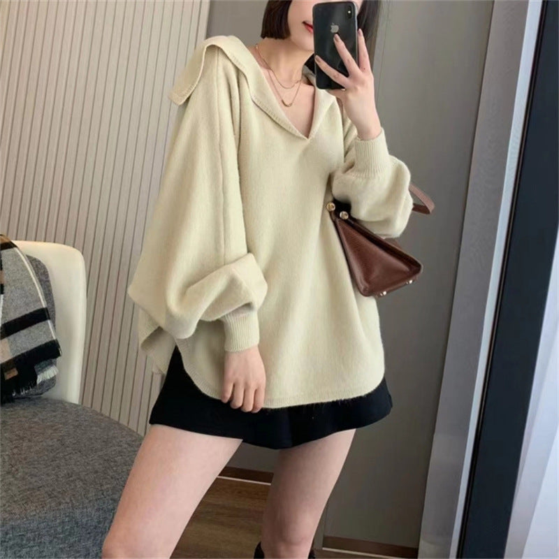 Sweatshirt en tricot surdimensionné pour femmes avec col V décontracté et capuche Chic & Stil