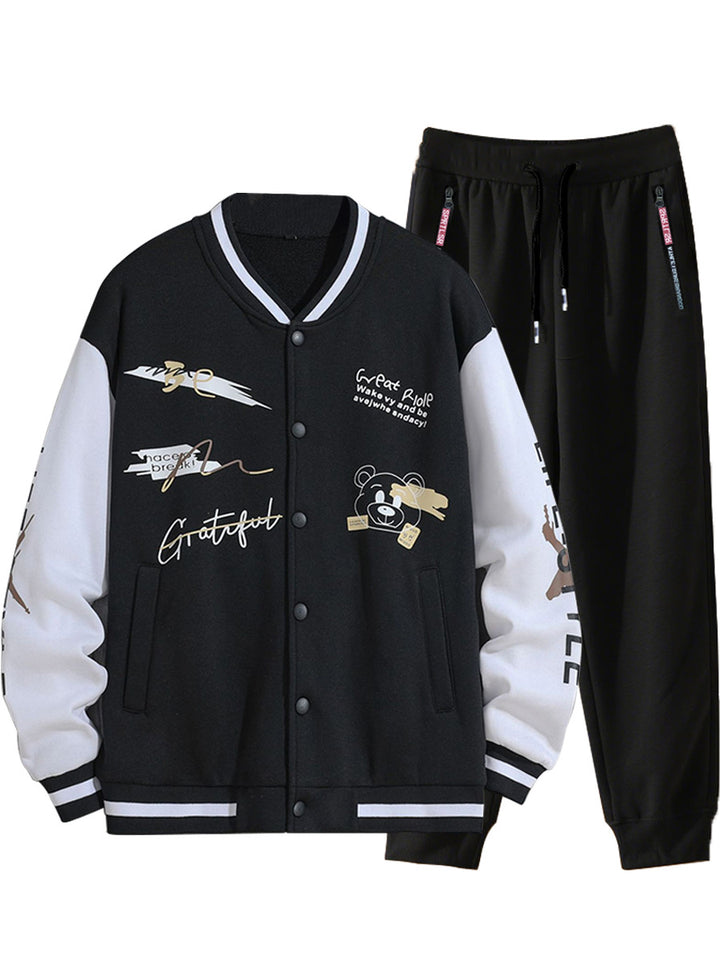 Men's College Style Sports Jacket Set and Jogging Pants with Colorful Patterns Lune London