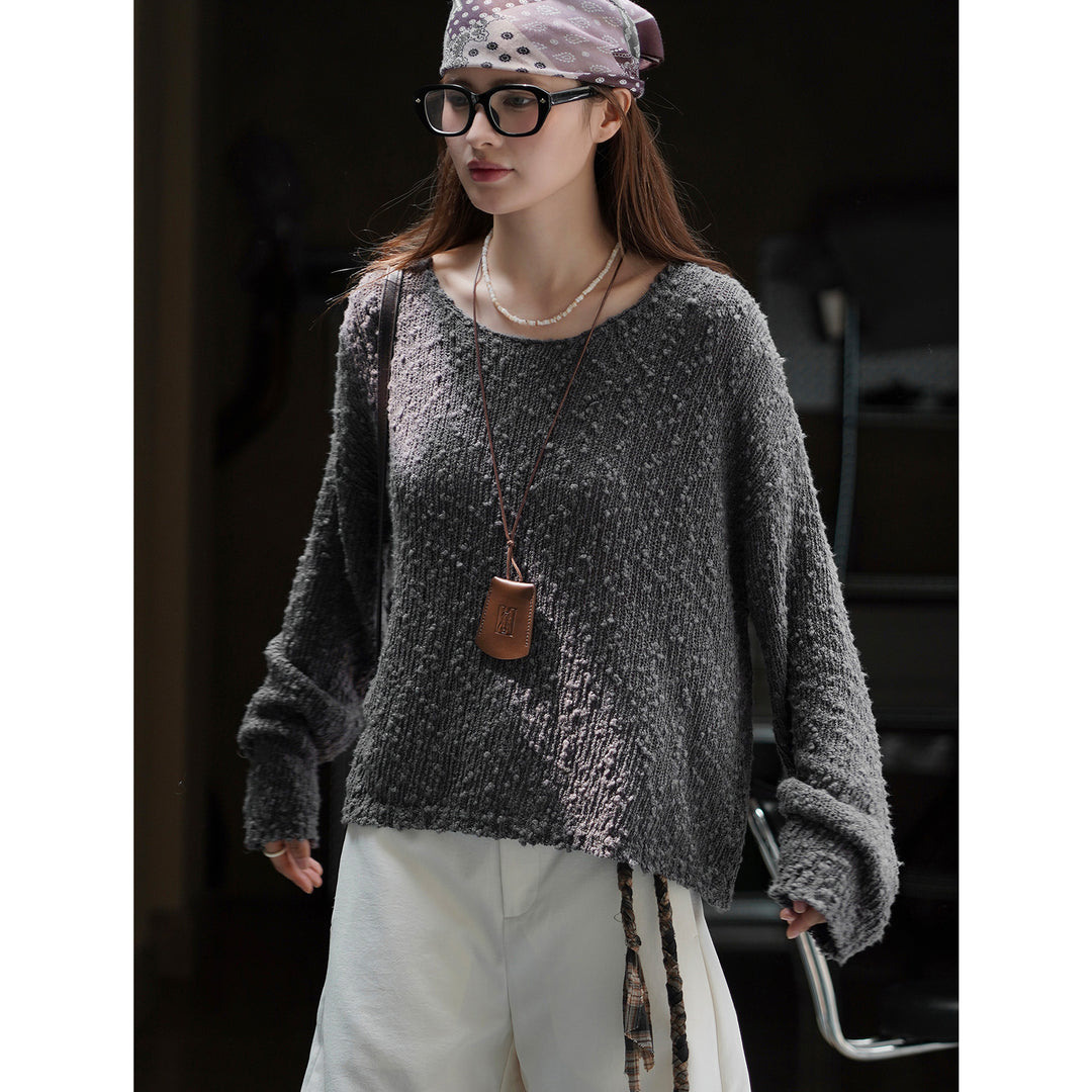 Women's Chunky Knit Oversized Sweater with Textured Bobble and Wide Boat Neck Amarae