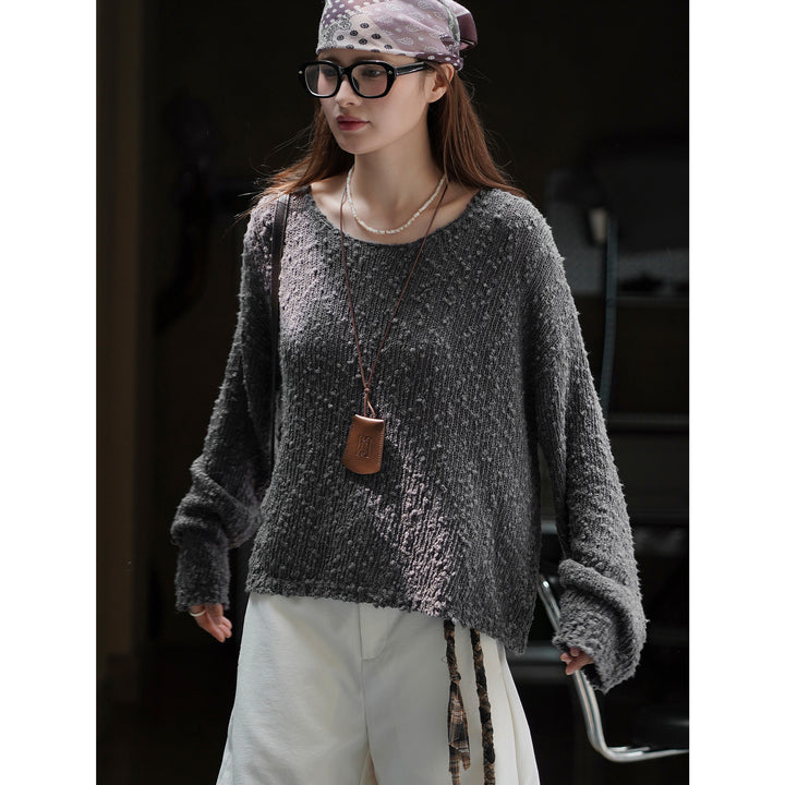 Women's Chunky Knit Oversized Sweater with Textured Bobble and Wide Boat Neck Amarae