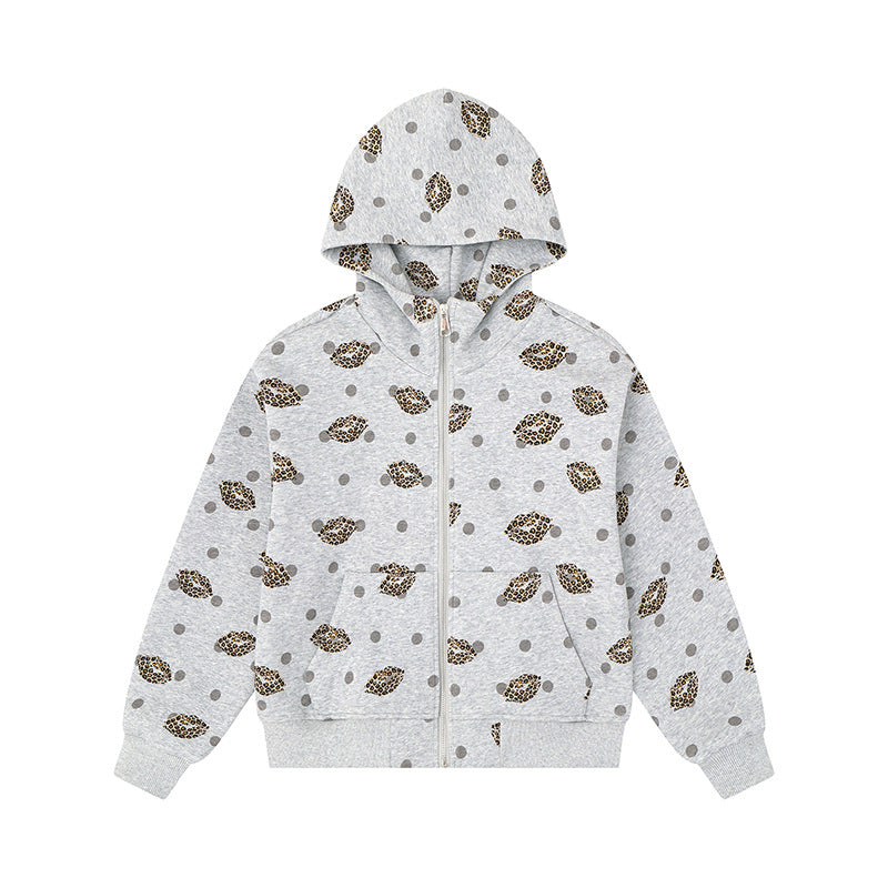 Women's Zip-Up Hoodie in Casual Look with Lip Motif and Polka Dot Pattern Amarae