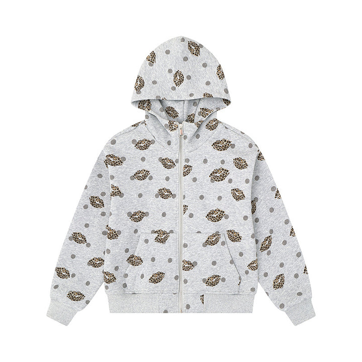 Women's Zip-Up Hoodie in Casual Look with Lip Motif and Polka Dot Pattern Amarae