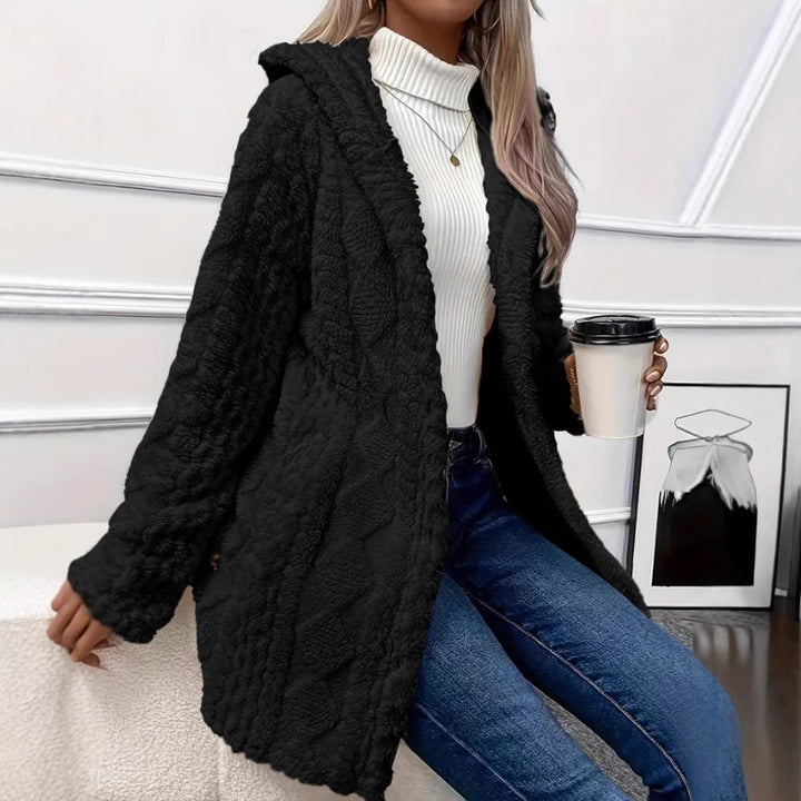 Ladies oversized cozy coat with hood and button placket Amarae