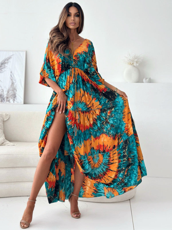 Maxi dress for women with an elegant back neckline and wide ruffled sleeves Lune London